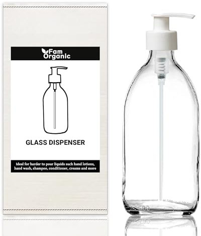 Fam Organic 500ml Clear Glass Bottle with Plastic Pump Soap Dispenser Refillable for Lotion, shampoo, conditioner, Body wash, Hand Wash. BPA Free - Eco Friendly (Clear 500ml - White Pump - Pack of 1)