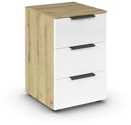 Rauch Möbel Flipp, Nachttisch, Glas Weiß/Eiche Artisan, Maße 40x61x42 cm | Nachtkommode, 3 Schubladen, mit Glasfront, Soft-Close-Funktion, für Schlafzimmer, Kinderzimmer, Jugendzimmer, Gästezimmer