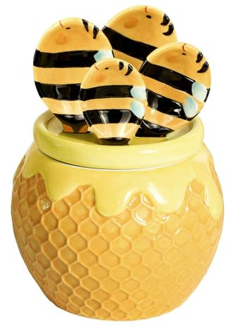 Bicuzat Ceramic Bee and HoneyComb Measuring Spoons Set for Dry or Liquid with Measuring Cup Set, 4 PCS Kitchen Measuring Baking Spoons Cooking Measuring Spoons for Kitchen Baking Tool Utensil Set