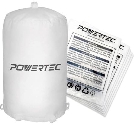 POWERTEC 70425 Dust Collector Bags Set | 21 x 31 x 1 Micron Filter Upper Bag with 5pc Clear Plastic Dust Collection Bags 20 x 43