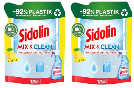 SIDOLIN Mix & Clean Konzentrat zum Auffüllen Zitrus (2x 125 ml), All in 1 Glasreiniger für Sauberkeit, Glanz & Schutz, Fensterreiniger mit Bio-Alkohol, -92% Plastik im Vergleich zur Originalflasche