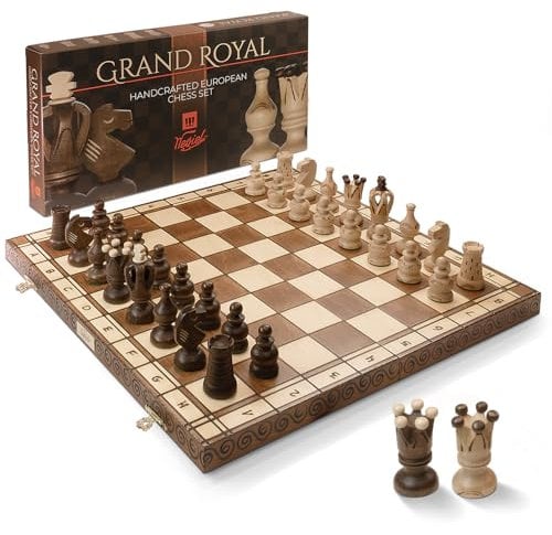 Wegiel Grand Royal - Set di scacchi in legno per adulti e bambini, 45,7 cm, realizzato a mano in legno di faggio e betulla di alta qualità, design pieghevole unico con contenitore