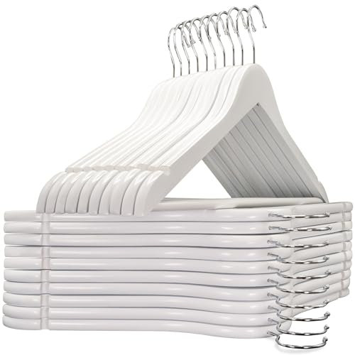 edihome, Grucce Legno, Confezione da 20, Appendiabiti con Scanalature su Spalle, Gancio Girevole a 360° e Barra Portapantaloni Antiscivolo, per Completi Camicie Cappotti (Bianco, 20 unità)