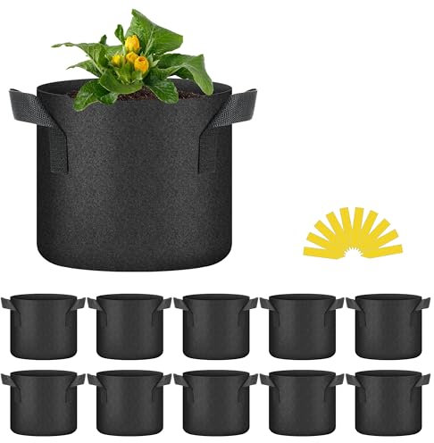 HealSmart Lot de 10 sacs de culture pour tomoates de 10 litres avec poignées, tissu non tissé aérateur, pot de fleurs robuste pour légumes, herbes et fleurs, version 2024, noir