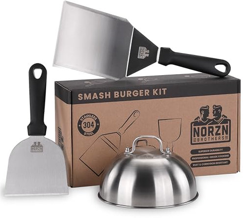 Grillspachtel Plancha Set & Burgerglocke Edelstahl 304 – Plancha Spachtel Edelstahl inkl. Burger Glocke, Grill Schaber, Grillwender, Teppanyaki, BBQ, EU-Lebensmittelzertifiziert, 10 Jahre Garantie