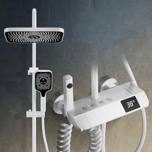 MocArt wassersparendes Thermostat Duschsystem, Kupferkern-Duschset inkl. ABS eckiger Kopfbrause und Handbrause (3 Strahlarten), Unterer Auslauf, bündige Spritzpistole (Weiß)