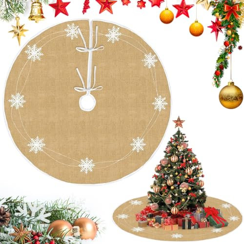 HEKOBAG Jupe de Sapin de Noël 100cm en Toile de Jute avec Flocons de Neige - Tapis d'Arbre pour Décoration de Noël
