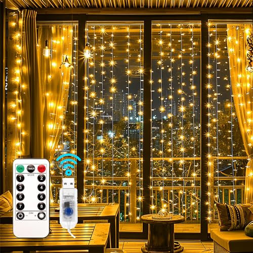 EvaStary Lichtervorhang 2x2 Meter LED Lichtervorhang Innen USB Warmweiß, Lichterkette Innen Fenster mit 8 Modi Fernbedienung, für außen und innen Deko Weihnachten Hochzeit Party Fenster