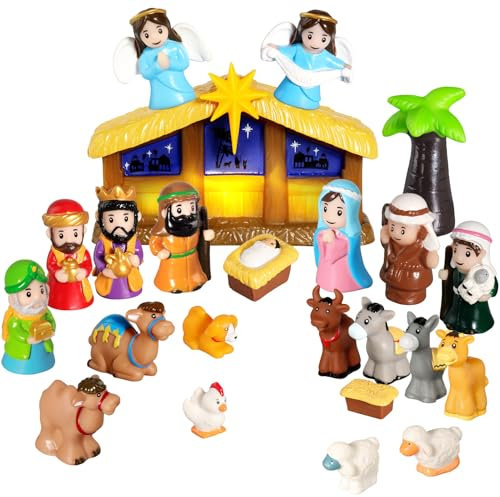 GDGZT 25 STK Krippenfiguren Kinder mit Beleuchtetem, Weihnachtsgeschichte Kleinkind Set, Weihnachtskrippe Klein mit Jesuskind, Maria, Josef und Krippe