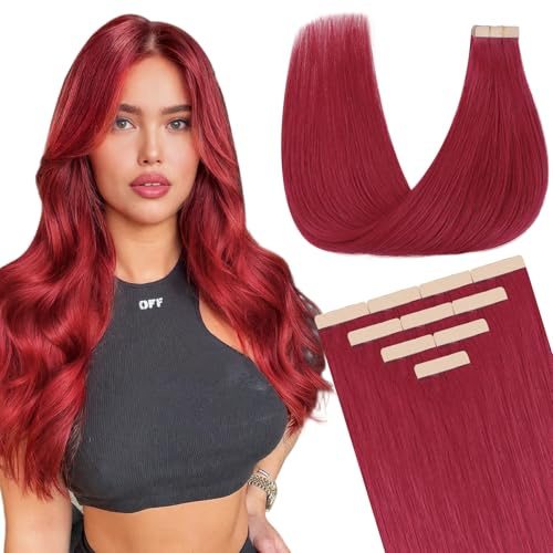 DOORES Tape in Hair Extensions Human Hair, Burgundy Red, 18 inches 10pcs 25g, HIGHLIGHT or SUPPLEMENT, Tape Extensions Reusable Soft Silky Straight Weft for Summer Party