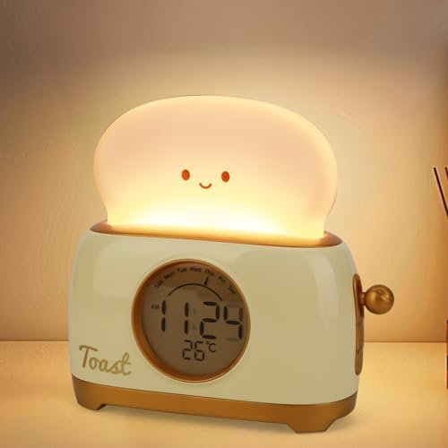ZONJIE Kids Alarm Clock, Digital Alarm Clock for Bedrooms, Cute Toast Night Light, Timer, Snooze, Adjustable Brightness, Cute Decor Small Bedside Clock for Kids Girls Boys Teens Birthday
