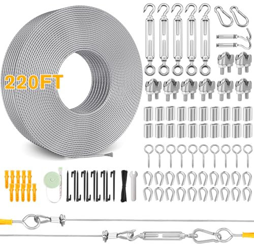 1,5 mm x 67 m Drahtseil Kit - String Light Hanging Kit Vinyl beschichtet 304 Edelstahlkabel mit Spannschlössern für String Light Hanging, Gate Anti Sag, Treppengeländer, Vorhang, Bild hängen, Garten