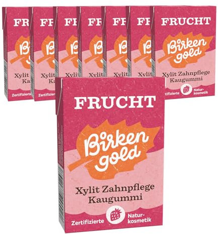 Birkengold Xylit Zahnpflege Kaugummi | Frucht | plastikfrei | 8 Stk. | Natürliche Kaumasse (Chicle) | Ohne Erdöl | Zuckerfrei | Naturkosmetik zertifiziert | vegan
