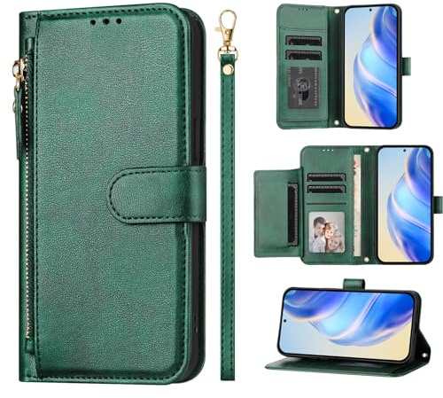 Wuhaizher for iPhone 11 Case Zipper Pocket Flip Shockproof Leather Wallet Case for Women Men with Stand 6 Card Holder Slots Silicone Bumper Zip Phone Cover for iPhone 11, Green