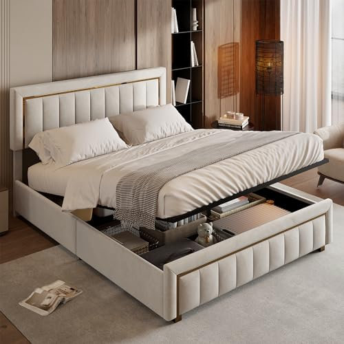 BPKADHY Letto Matrimoniale Imbottito 160 x 200 Con Cassetta Idraulica, Testiera e Rete a Doghe in Legno - Moderno, Funzionale, in Velluto, Riso Bianco