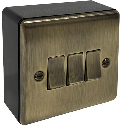 Antique Brass 3 Gang Triple Light Switch & 32mm Black Surface Pattress Back Box