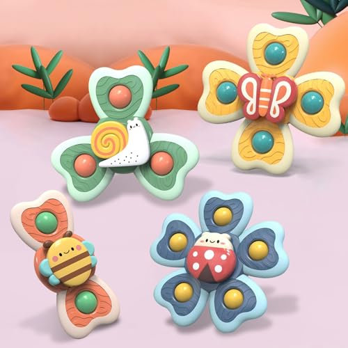 Saugnapf Spielzeug Baby, 4 Stück Saugnapf Spinner Baby BPA-frei Fidget Spinner Baby Spielzeug ab 3 Monate Baby Spinner mit Saugnapf, Tischspielzeug Badewannenspielzeug zum Reisen Baden und Füttern