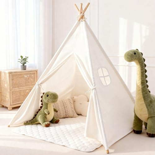 Sumbababy Teepee Tent for Kids Tipi Tent Indoor - Cotton Canvas Kid Tents for Inside with Light & Flag- Foldable Toddler Play Tents for Girls & Boys Slumber Party - Washable Boho Play House Gift Toys