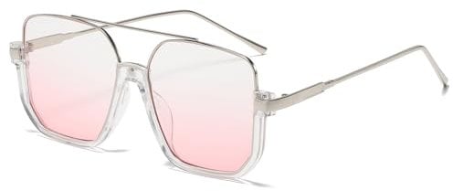 Long Keeper Retro Oversize Pilot Sunglasses for Women Men Aviation Sunglasses Square Double Bridge Sun Glasses Semi-Rimless Vintage Shades UV400 Protection (Silver Clear Frame - Gradient Pink Lens)