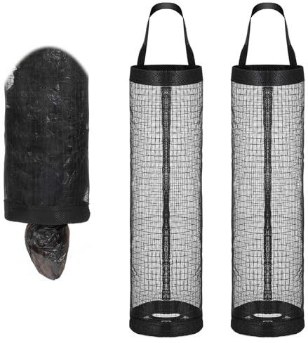 JIYIN 2 PCS Plastic Bag Holder, Black Grocery Bag Holder Reusable Mesh Hanging Storage Bags Dispenser for Plastic Bags Recycling Grocery Pocket Containers for Home and Kitchen