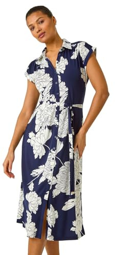 Roman Shirt Dress for Women UK Ladies Short Sleeve Sleeveless Belted Collared Midi Maxi Summer Spring Smart Casual Button Evening Office A Line Swing Skater - Floral Navy - Size 16