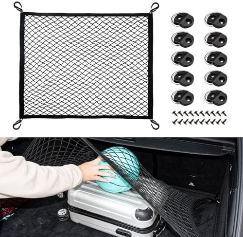 VEHIRIE Rete Elastica per Bagagliaio 80x60 cm Estendibile 180x120 cm, Rete Portaoggetti Auto con Ganci ABS, Compatibile con Fiat 500/Panda, Peugeot 208, Renault Clio - Sicurezza Anti-Caduta