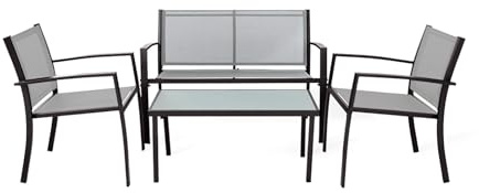 Rebecca Mobili Gartenmöbel-Set mit 3 Sofas und 1 Tisch, Gartenmöbel-Set, Anthrazit, Hellgrau, Stahl, Polyester, Glas, moderner Stil – mit 4 Sitzplätzen – Art. RE7192
