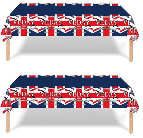 2Pcs VE Day 80th Anniversary Decorations Plastic Table Cloth Party, Ve Day Party Tableware Table Decorations, 80 Years Victoryin Europe Table Cover for Celebrate Ve-Day 80 Years Table Decorations