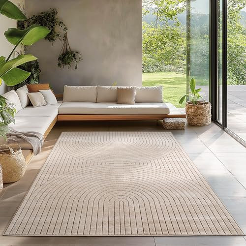 Carpetsale24 Outdoor Teppich auch Wohnzimmer, Schlafzimmer, Wintergarten, Kurzflor Beige, Hoch-Tief-Effekt, weich & waschbar, pflegeleicht, 160x230 cm