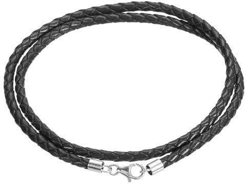 sourcing map 3mm Braided Leather Necklace Cord, 18 Inch Braided Necklace String Rope with 925 Sterling Silver Clasp for Pendants, Necklaces, Jewelry Making Beading Supplies (Black)