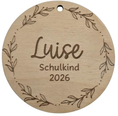 Generisch Personalisierter Schultütenanhänger aus Holz – Rund – Gravur mit Name & „Schulkind 2026“ – 3 Designs: Schultüte, Blumenkranz, Alphabet – Geschenk zur Einschulung (Blumenkranz)