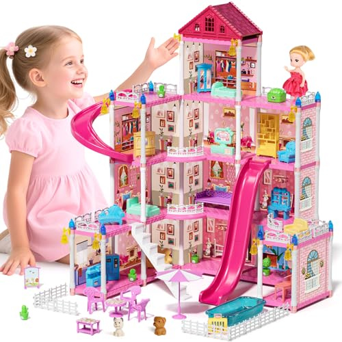 Lehoo Castle Doll House Dreamhome, 4-Story 12 Rooms Dollhouse Playhouse with Doll and Furniture, Pretend Dream Dollhouse Playset Pink Girl Toys, Sturdy Construction, Easy to Move, Ideal Gift Toy