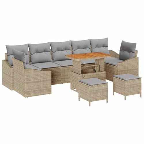 vidaXL 4-teilige Garten-Sofagarnitur mit Kissen in Beige aus Poly Rattan und Akazie für 8 Personen – Lounge Möbel für die Terrasse und den Patio.