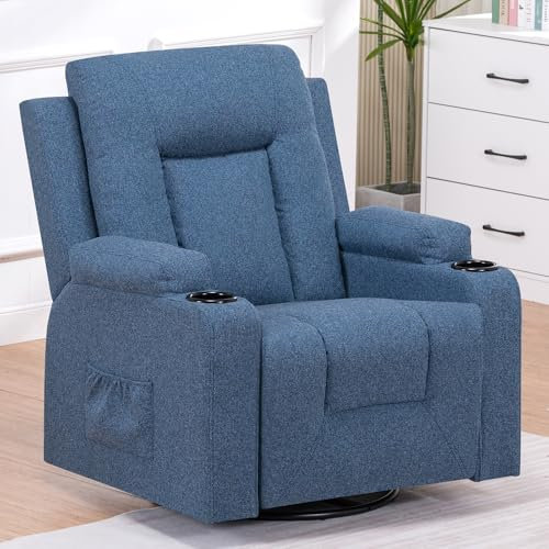 COMHOMA Poltrona Relax TV con Funzione Recliner Schienale Regolabile, Girevole a 360°, 2 Tasche Laterali e Portabicchieri, Blu, Tessuto