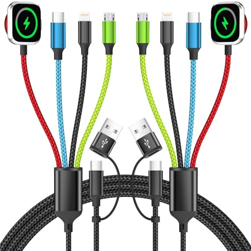 Firsting Travel Essentials 4-in-2 Multi Charging Cable with iWatch Charger, 2Pack 5FT Nylon Charging Cords, USB C/USB A Phone Charger Cord for iPhone 17-5, iPad, Galaxy S25-S21, Cruise/Car/Home Use