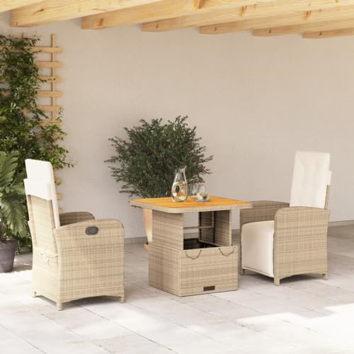 Teenpull 3-TLG. Garten-Essgruppe, Beige Poly Rattan, verstellbare Sessel & höhenverstellbarer Tisch, für Balkon, Terrasse, Außenbereich, Bequeme Outdoor Möbel, UV-beständig