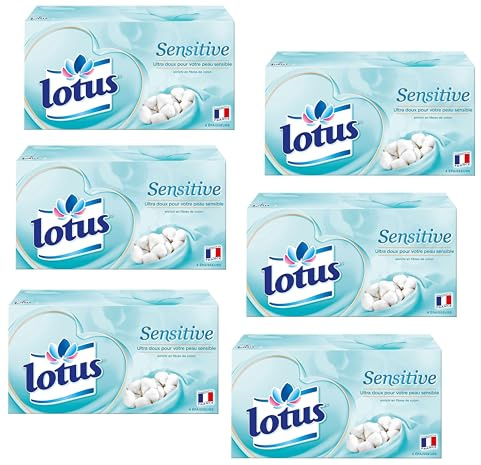 Lotus Sensitive – 480 Mouchoirs 4 épaisseurs pour un confort absolu – Blancs, doux et résistants – Fabriqués en France – Lot de 6 boîtes de 80
