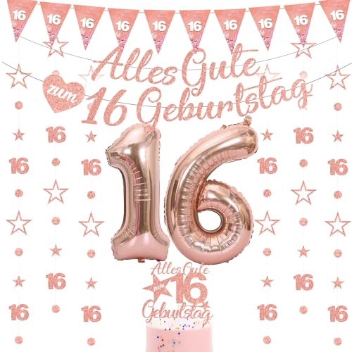 16 Geburtstag MäDchen Deko Set - 12 StüCk Geburtstagsdeko | Alles Gute Zum 16 Geburtstag Banner Sweet Girlande HäNgedeko(6 M) Tortendeko Folienballon Balloons für Party