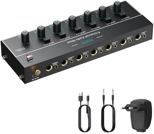 YGiTK 6 Kanal Audio Mixer 6,35 mm+3,5 mm Mini-Audiomischer | 6 Eingänge & 1 Ausgang Stereo Audiomischer, Type-C Aufladen, Ultra Niedrig Noise, mit Lautstärkeregelung, für Bühne & Studio