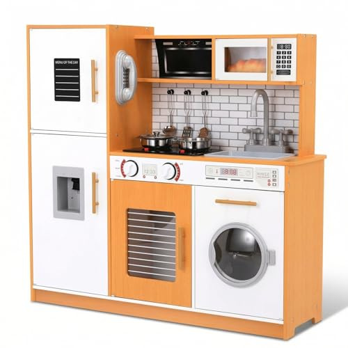 Clevich Cocina de Juguete de Madera para Niños, con Efectos de Luz y Sonido, Incluye Lavadora, Máquina de Hielo, Teléfono, Accesorios Completos, para Niños 3+ Años, 82x80x25 cm, Marrón