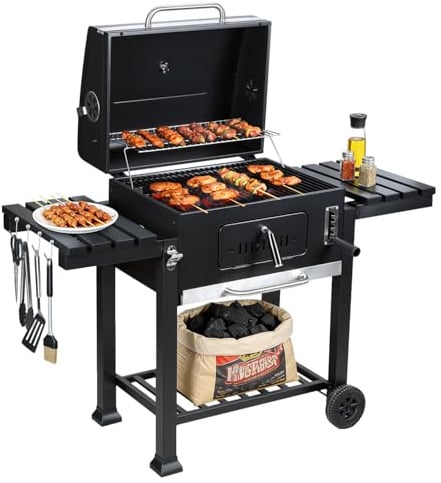 Peviasot Holzkohlegrill XXL mit Deckel & Thermometer – Grillwagen mit 2 klappbaren Ablagen, höhenverstellbarer Kohlewanne (5 Stufen), Warmhalterost & Rädern – BBQ Grill für Garten, Terrasse & Camping