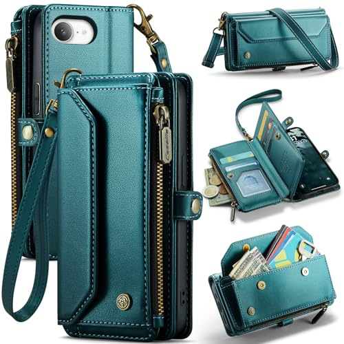 FONREST Crossbody Wallet Case for iPhone 17e, RFID Blocking Phone Purse with 7 Card Slots Zip Coin Pocket Cash Holder Detachable Shoulder Wrist Strap Kickstand Wireless Charging Compatible(Blue-green)
