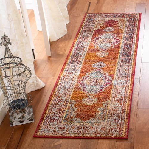 SAFAVIEH Boho Teppich für Wohnzimmer, Esszimmer, Schlafzimmer - Crystal Collection, Kurzer Flor, Orange und Hellblau, 66 X 213 cm