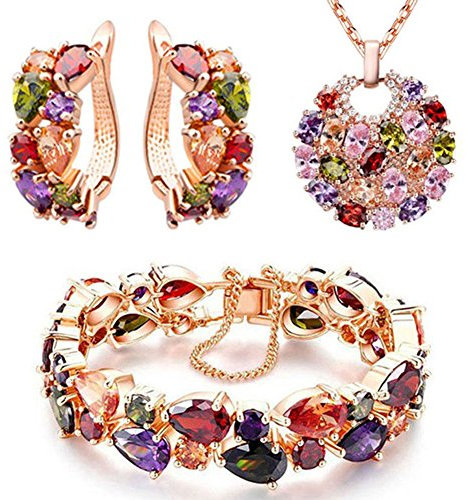 Nehzus Mona Lisa parures de bijoux – Oxyde de Zirconium Multicolore Plaqué Or Rose Bracelet Pendentif Collier Boucles d'oreilles