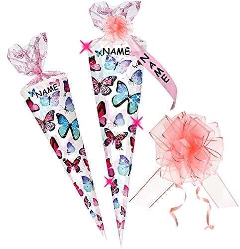 3D Glitzer Effekt ! - Schultüte - Schmetterling - bunt - 70 cm - rund - incl. Name und individueller Schleife - Organza Tüllabschluß - Zuckertüte - Nestler - ..