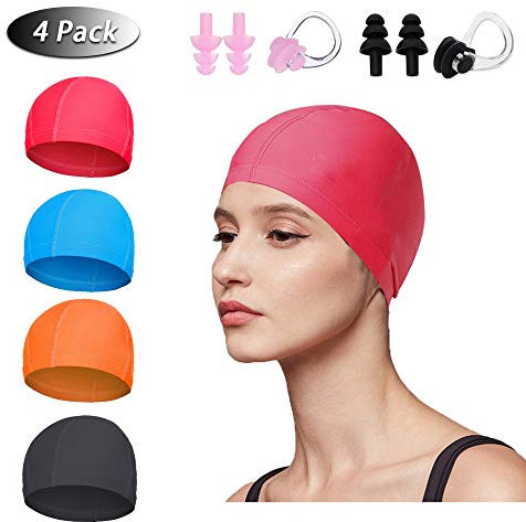Cuffia Piscina Adolto Bambini, 4 pezzi Cuffia Piscina Tessuto Cuffie Nuoto per Donna Uomo, Super Elastica e Leggera,Comoda Cuffie Piscina Lycra Stoffa , 2 Tappi Per le Orecchie a Clip per Il Naso