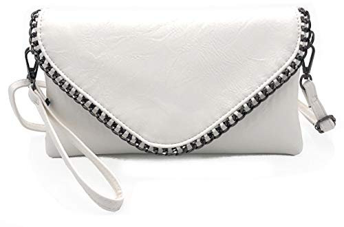 ELIOX - Elegante Frau Clutch Bag mit Kette und Schultergurt aus weichem Kunstleder - Kleine Abend Clutch Bag Girl Handtasche Elegante Taschen Zeremonie Hochzeit (WEISS)