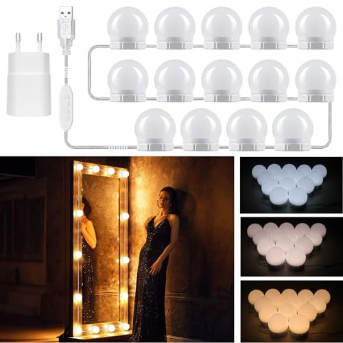 Akynite Spiegelleuchte Hollywood 14 LED Birnes mit Adapter, 3 Farbwechsel & 10 Helligkeit, Spiegellampe USB mit Schalter und Kabel, Spiegel Licht Dimmbar für Make up Schminktisch Kosmetikspiegel
