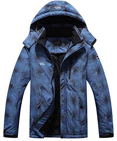 Pooluly Herren Skijacke Warm Winter Wasserdicht Windbreaker Kapuze Regenmantel Snowboard Jacken, blau camouflage, S