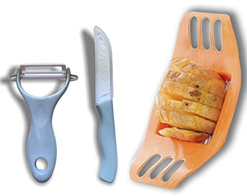 pelador patatas, cuchillo, ceramica, + cortador patatas. este pack esta pensado para que cualquier persona pele, corte y lamine tipo de fruta, verdura